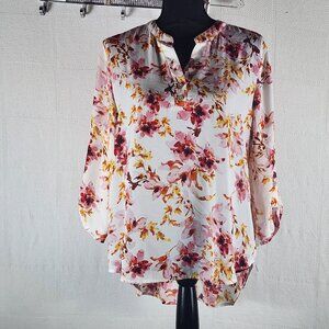 Cure White Pink Orange Floral Print Tab Sleeve Poly Flowy Two Button Blouse Sz L